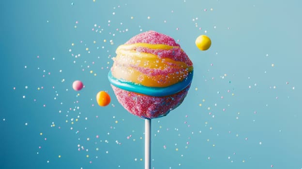 Colorful candy lollipop with sprinkles and floating candies on blue background.
