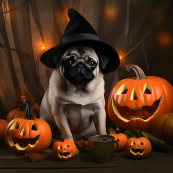 A dog with an orange hat, all around pumpkins and leaves, a Halloween image. Atmosphere of darkness and fear.