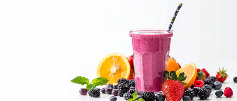 A vibrant berry smoothie in a clear glass, accompanied by a medley of fresh berries and citrus fruits on a white backdrop