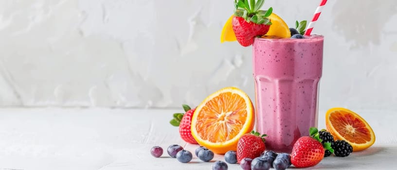 A delicious mixed berry smoothie decorated with a strawberry, orange wedge, and blueberries on a white background