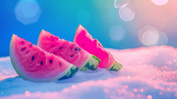 Slices of watermelon on a snowy surface under colorful lights.