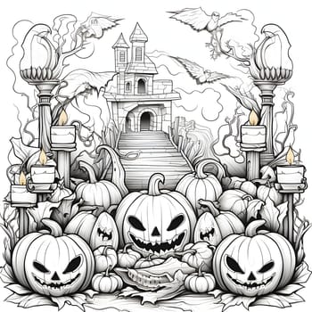 Road to the castle, flying birds and ominous jack-o-lantern pumpkins and lit candles, Halloween black and white picture coloring book. Atmosphere of darkness and fear.