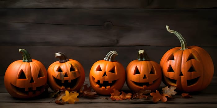 Jack-o-lantern pumpkins on wooden boards in the background, banner with space for your own content. Blank space for the inscription.