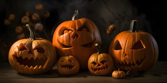 Elegantly arranged different sizes of jack-o-lantern pumpkins on a dark background, a Halloween image. Atmosphere of darkness and fear.