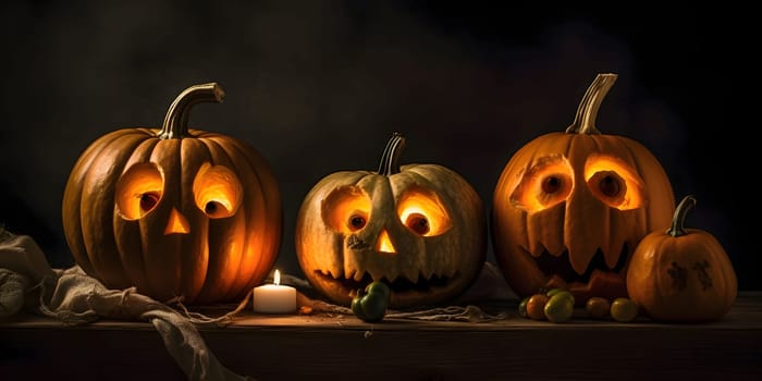 Three dark pumpkins with glowing exophthalmos on a dark background, a Halloween image. Atmosphere of darkness and fear.