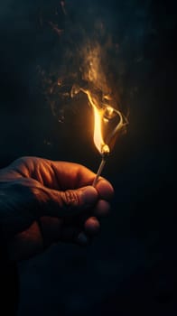 A mans hand holding Lit Match on dark background.