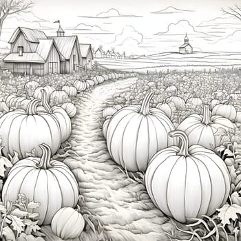 Fields with hundreds of pumpkins in the background of a farmhouse, Halloween black and white picture coloring book. Atmosphere of darkness and fear.