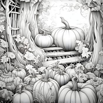 Lying in the field harvest of pumpkins, Halloween black and white picture coloring book. Atmosphere of darkness and fear.