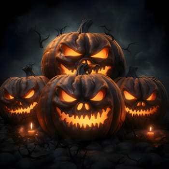 Four dark, glowing jack-o-lantern pumpkins on a dark background with smoke rising, a Halloween image. Atmosphere of darkness and fear.