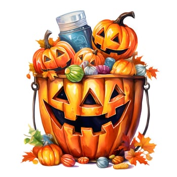 A large bucket gouged out of a pumpkin, and in it candy and jack-o-lantern pumpkins, Halloween image on a white isolated background. Atmosphere of darkness and fear.