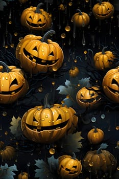 Elegant and modern. Jack-o-lantern pumpkins and rain as abstract background, wallpaper, banner, texture design with pattern - vector. Dark colors.