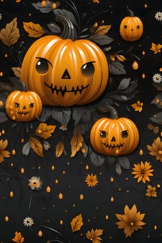 Jack-o-lantern pumpkins in leaves, banner with space for your own content. Blank space for the inscription.
