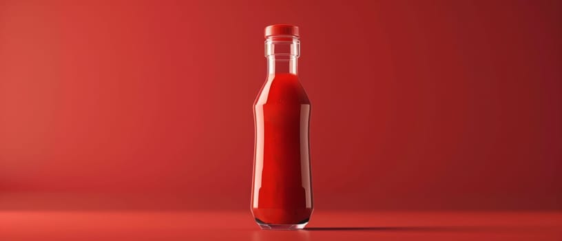 A single, sleek bottle filled with bright red ketchup stands against a vibrant red backdrop, emphasizing simplicity and cleanliness