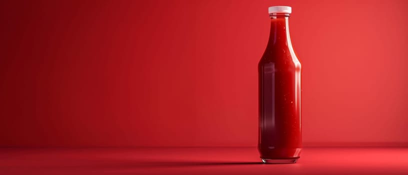 An elegantly designed transparent ketchup bottle full of red sauce, set on a matching red surface that highlights the products color