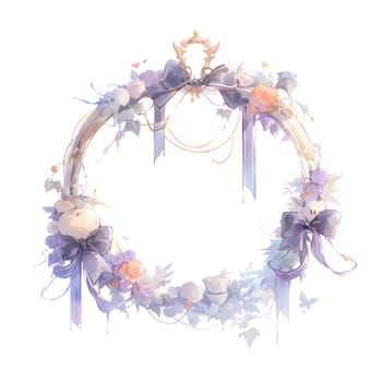 Circular frame with bows and flowers on white background. Space for your own content.