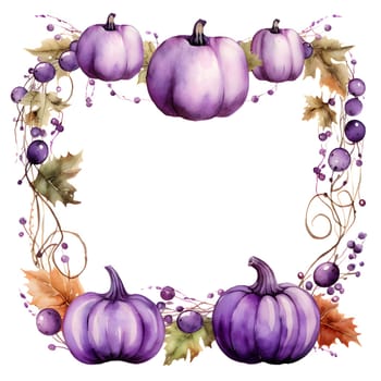 Square frame with leaves and purple pumpkins on white background. Space for your own content.