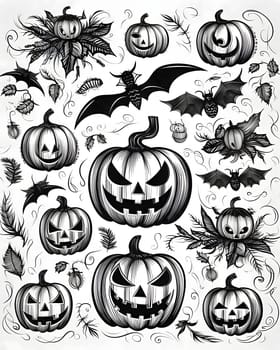 Elegant and modern. Black and white jack-o-lantern pumpkins and bats as abstract background, wallpaper, banner, texture design with pattern - vector.