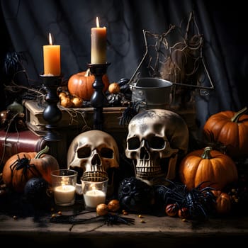 Skulls human pumpkins spiders, candles, dark table, a Halloween image. Atmosphere of darkness and fear.