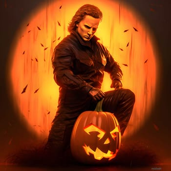 Man holding jack-o-lantern pumpkin on orange background., a Halloween image. Atmosphere of darkness and fear.
