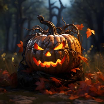 Glowing jack-o-lantern pumpkin entwined with thorns around leaves in a dark forest, a Halloween image. Atmosphere of darkness and fear.