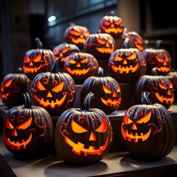 A dozen glowing decorated jack-o-lantern pumpkins on the stairs, a Halloween image. Atmosphere of darkness and fear.