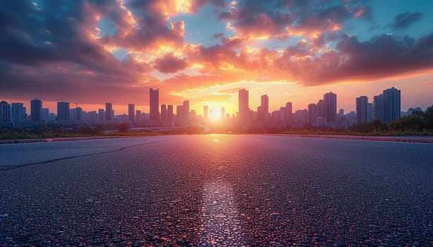 The perspective of the road against the background of sunset and the cityscape. High quality photo