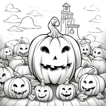 Large jack-o-lantern pumpkin, around smaller ones in the background building, Halloween black and white picture coloring book. Atmosphere of darkness and fear.