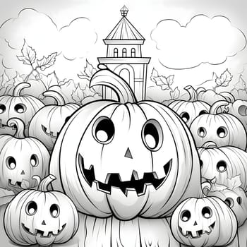 Large jack-o-lantern pumpkin, around smaller ones in the background building, Halloween black and white picture coloring book. Atmosphere of darkness and fear.