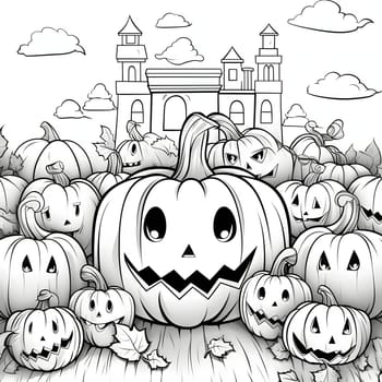 Large jack-o-lantern pumpkin, around smaller ones in the background building, Halloween black and white picture coloring book. Atmosphere of darkness and fear.