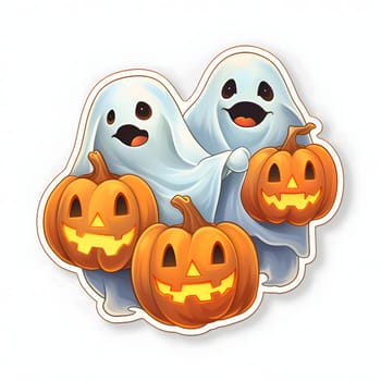 Sticker two ghosts and three glowing jack-o-lantern pumpkins, Halloween image on a white isolated background. Atmosphere of darkness and fear.