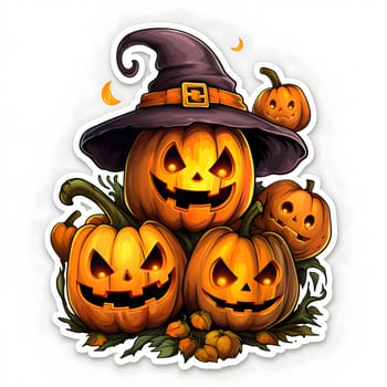 Sticker five jack-o-lantern pumpkins with glowing eyes one in a witch hat, Halloween image on a white isolated background. Atmosphere of darkness and fear.