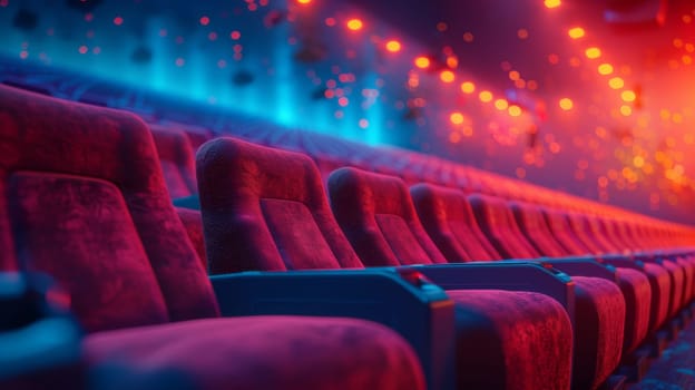Red velvet theater seats with blue lighting and ambient glow.