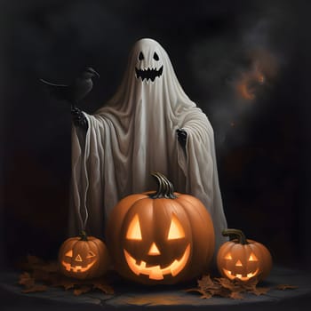 A ghost holding a black raven and glowing jack-o-lantern pumpkins on a black background, a Halloween image. Atmosphere of darkness and fear.