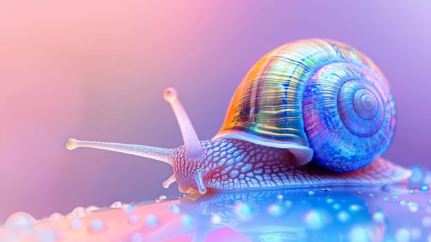 Colorful snail on a vibrant, dew-covered surface.
