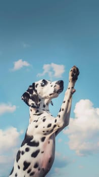 Dalmatian Dog Raising Paw Against a Blue Sky Background.