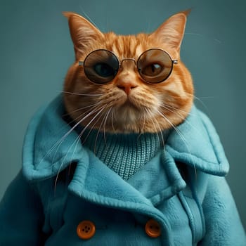 A feline Felidae with orange fur, wearing stylish sunglasses and a blue coat. Its whiskers twitch as it looks with bright green eyes