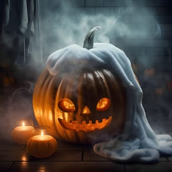 Dark pumpkin with towel smoke all around, glowing pumpkin candles, a Halloween image. Atmosphere of darkness and fear.