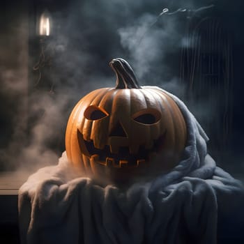 Dark pumpkin with towel, smoke in the background, steam, a Halloween image. Atmosphere of darkness and fear.