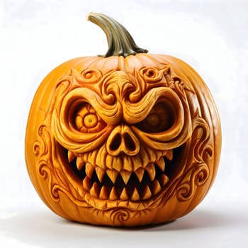 A sinister pumpkin with big teeth and shaken eyes, Halloween image on a white isolated background. Atmosphere of darkness and fear.