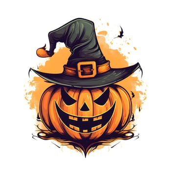Sinister smiling pumpkin with a big hat, Halloween image on a white isolated background. Atmosphere of darkness and fear.
