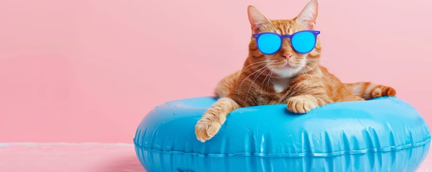 Ginger cat wearing blue sunglasses on a blue inflatable ring.