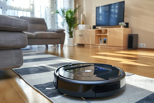A robot vacuum cleaner navigates a clean living room floor