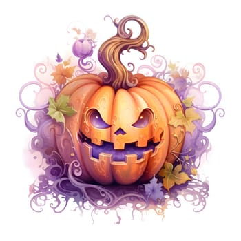 Smiling fairy pumpkin with pink vines, Halloween image on a white isolated background. Atmosphere of darkness and fear.