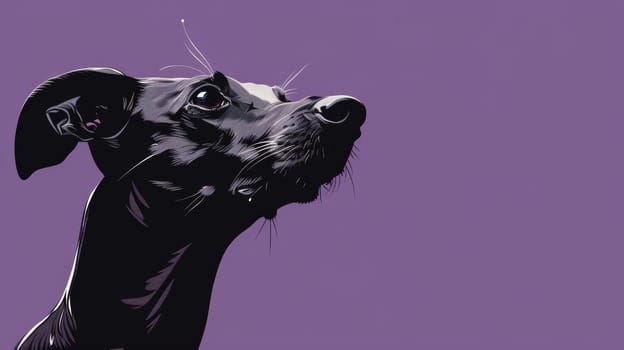 Close up of a black dog on purple background.