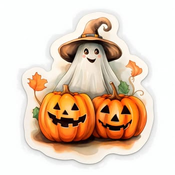 Sticker of jack-o-lantern pumpkin and a ghost in a hat, Halloween image on a white isolated background. Atmosphere of darkness and fear.