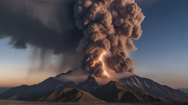 ancient volcano eruption with giant ash cloud and burst of molten lava, volcano eruption with massive high bursts of lava and hot clouds soaring high into the sky, pyroclastic flow in the crust of earth