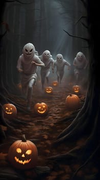 Glowing jack-o-lantern pumpkins in the forest and running monsters, a Halloween image. Atmosphere of darkness and fear.