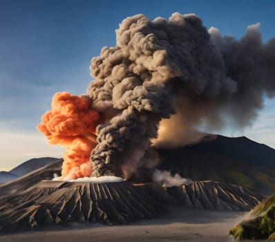 ancient volcano eruption with giant ash cloud and burst of molten lava, volcano eruption with massive high bursts of lava and hot clouds soaring high into the sky, pyroclastic flow in the crust of earth