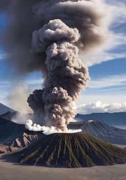 ancient volcano eruption with giant ash cloud and burst of molten lava, volcano eruption with massive high bursts of lava and hot clouds soaring high into the sky, pyroclastic flow in the crust of earth