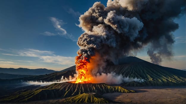 ancient volcano eruption with giant ash cloud and burst of molten lava, volcano eruption with massive high bursts of lava and hot clouds soaring high into the sky, pyroclastic flow in the crust of earth